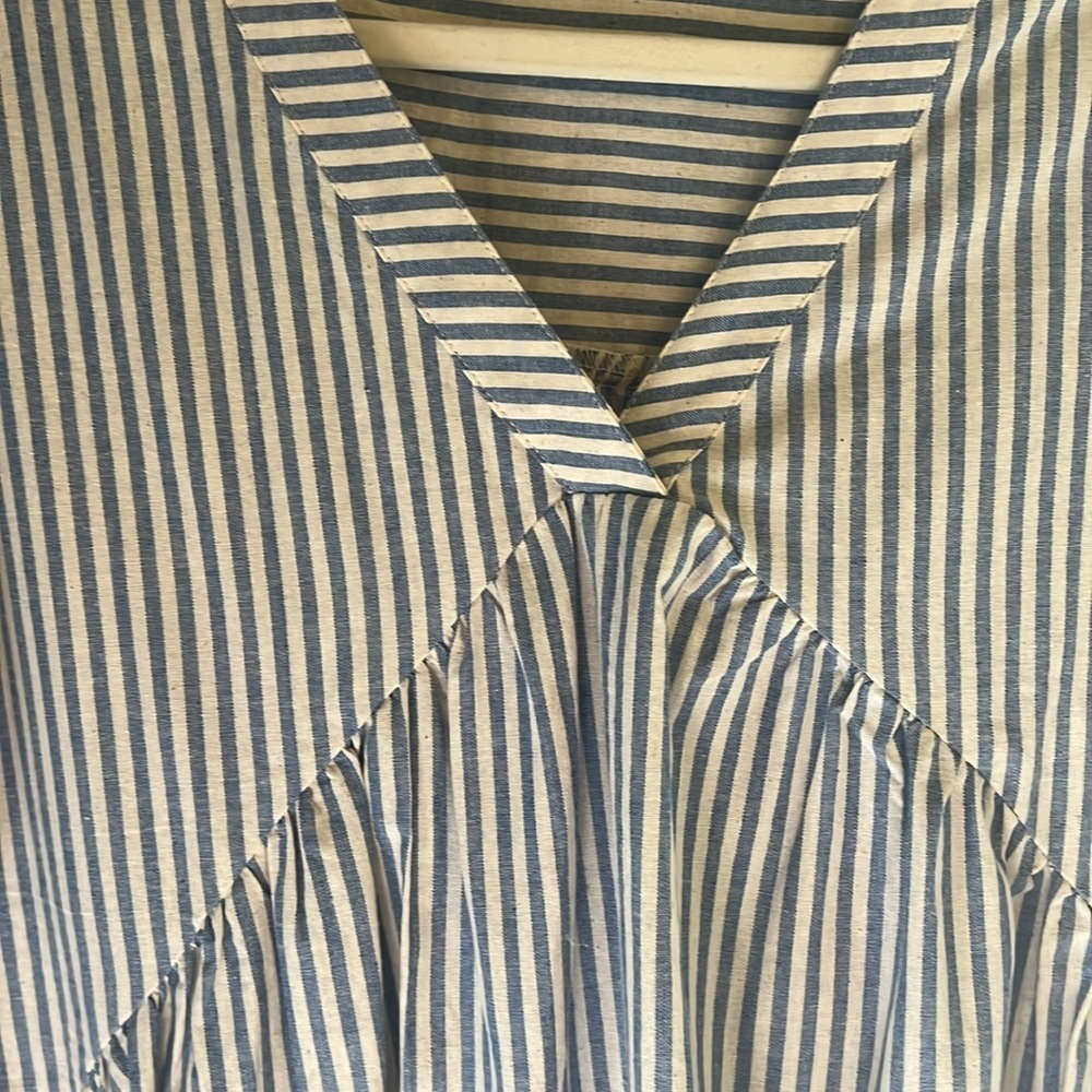 Preppy Babydoll Style Nautical Cotton Blue & White Striped Dress w/Ruffles - Picture 5 of 7